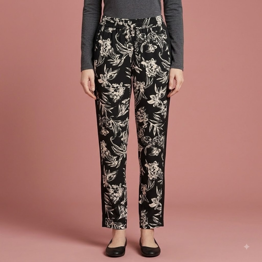 White House Black Market Floral Pants Womens XS Long Black White